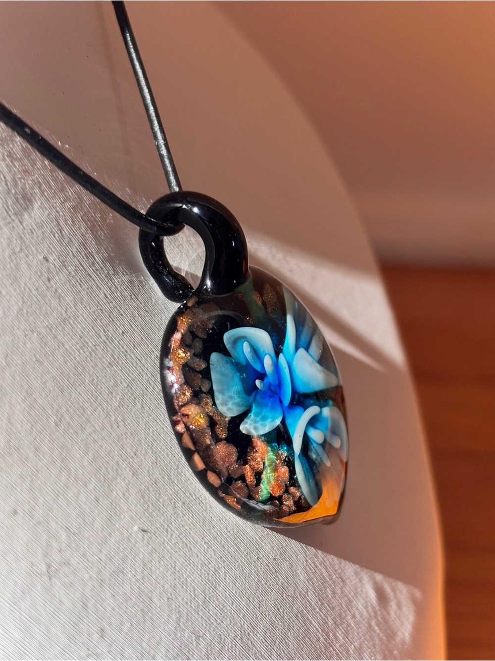 Lampwork Glass Pendant Necklace Leather Cord + 925 Sterling Silver